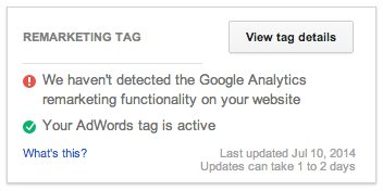 google adwords remarketing status box